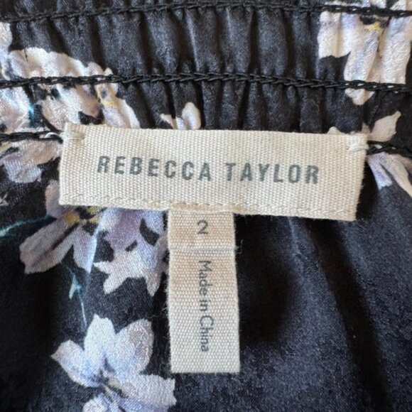 Rebecca Taylor Womens 2 100% Silk Floral Hydrangea Black Dress Tie Waist Modes - Picture 2 of 8